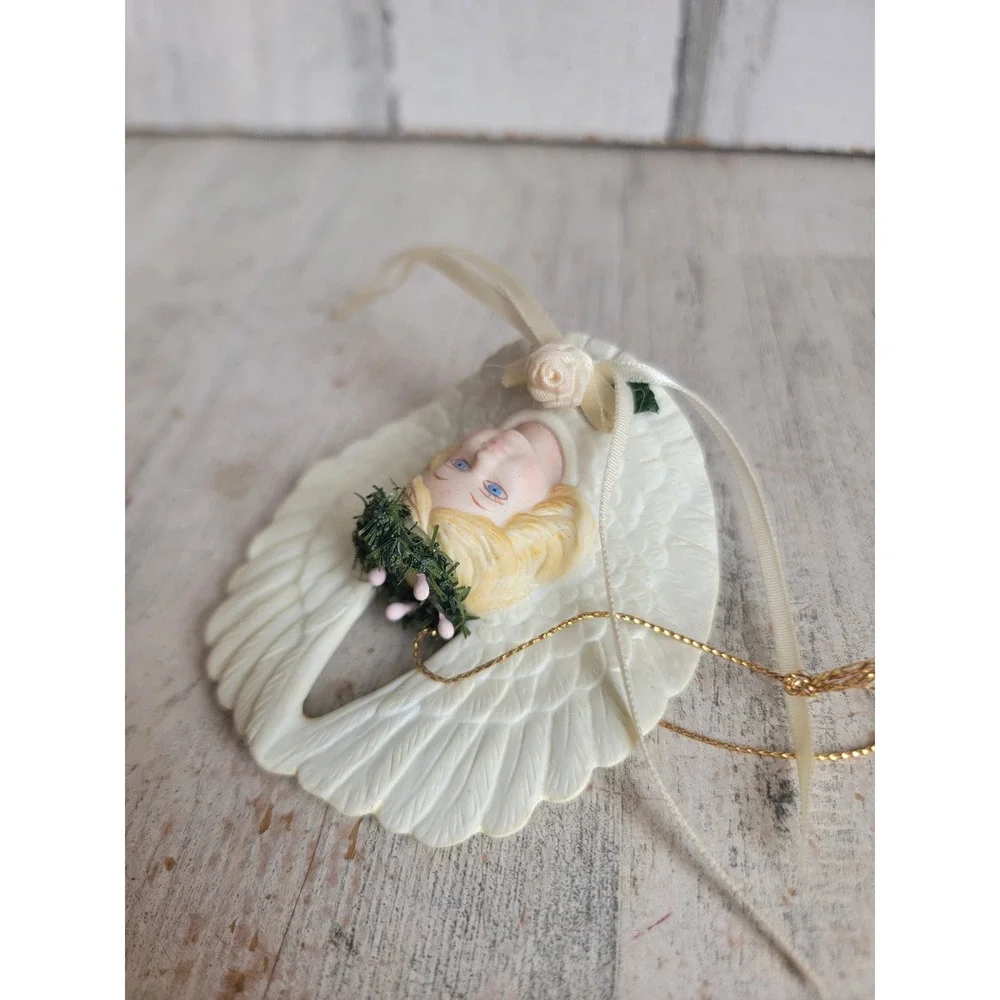 Vintage porcelain cherub wings ornament Xmas rose lace religious